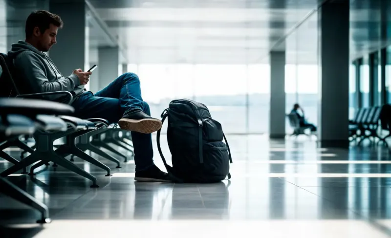A traveler waiting in an airport seating area