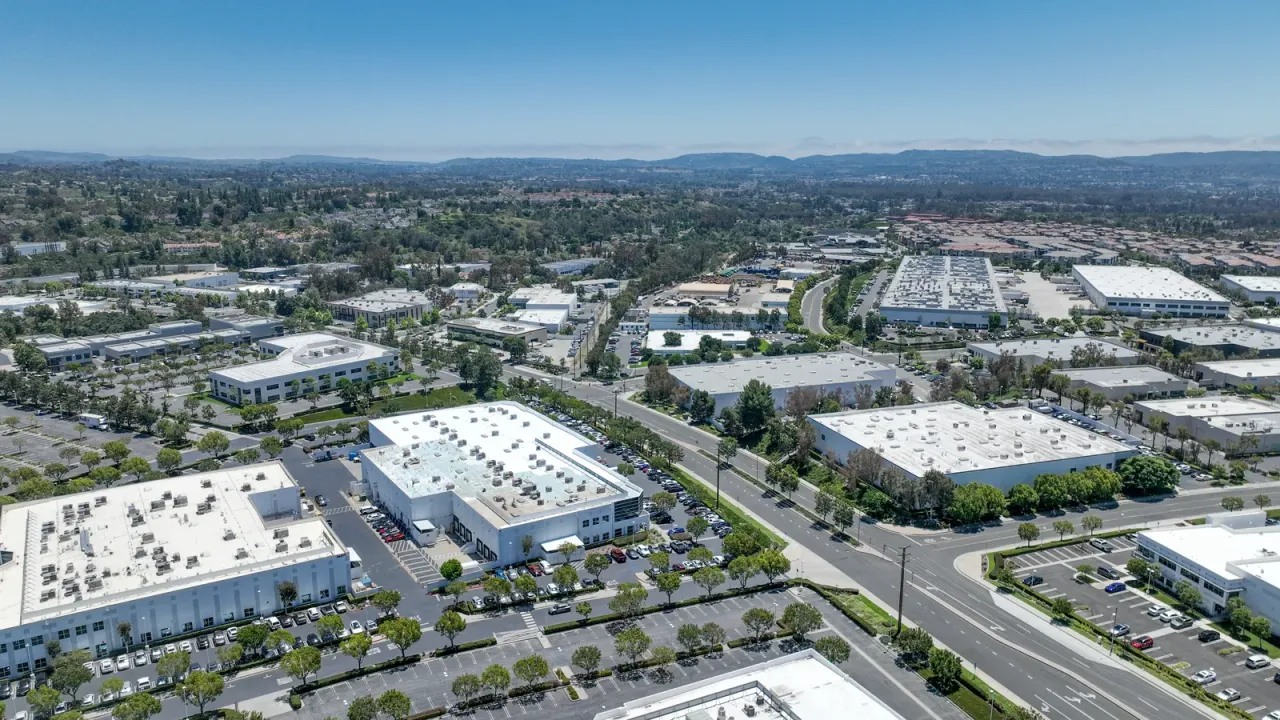 An aerial view of a Southern California business park with offices, warehouses and service buildings