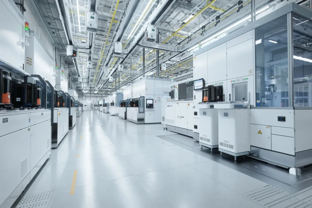 A bright semiconductor cleanroom with rows of white process machines along a polished floor, the kind of space covered by cleanroom cleaning services across Riverside County