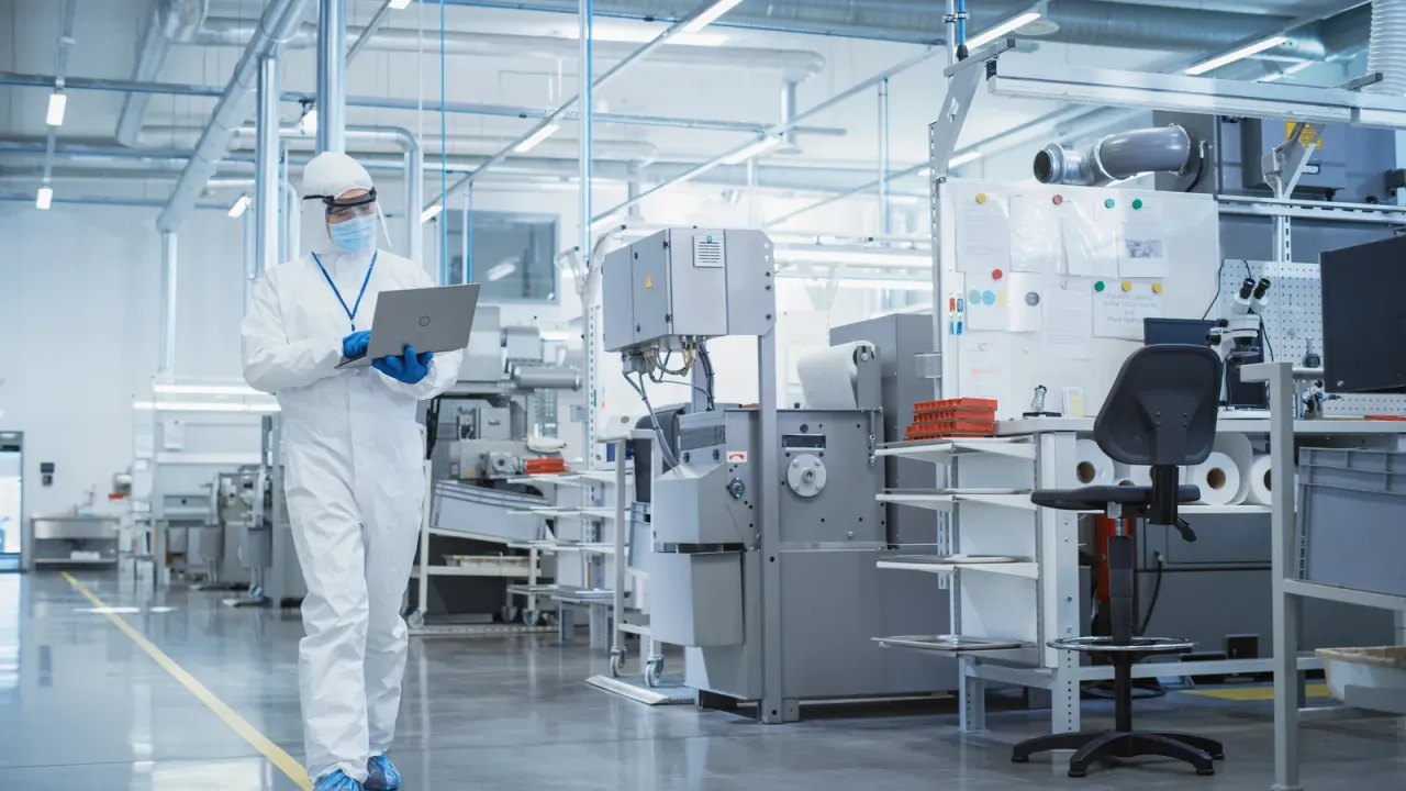A technician in a sterile coverall walking through a bright, modern manufacturing cleanroom