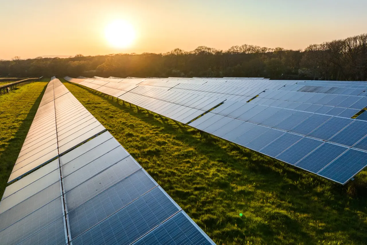 Rows of ground-mounted solar panels on grass stretching toward a low sun, illustrating energy and utility facility cleaning in Coachella Valley
