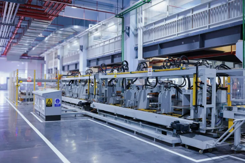 A modern factory production line with machinery and a polished floor