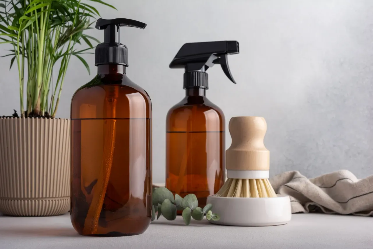 Two amber glass bottles with black pumps beside a potted palm, a wooden dish brush and a linen cloth, for the EBS guide "What Does LEED O+M Require for Green Cleaning?"