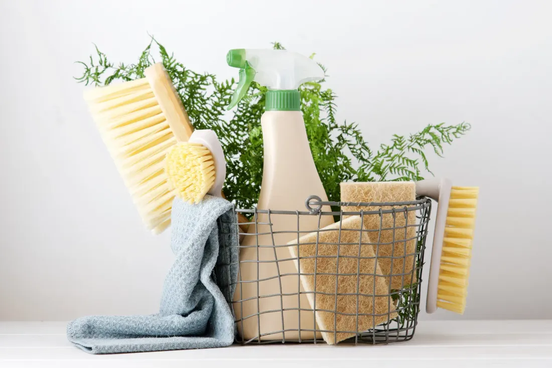 A wire basket holding beige spray bottles, wooden brushes, sponges and a grey cloth beside fern leaves, illustrating the EBS article "What Is ISSA CIMS Certification?"