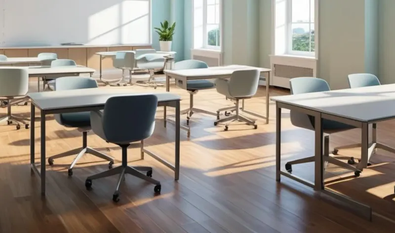 Clean white desks and chairs in a sunlit classroom-style office