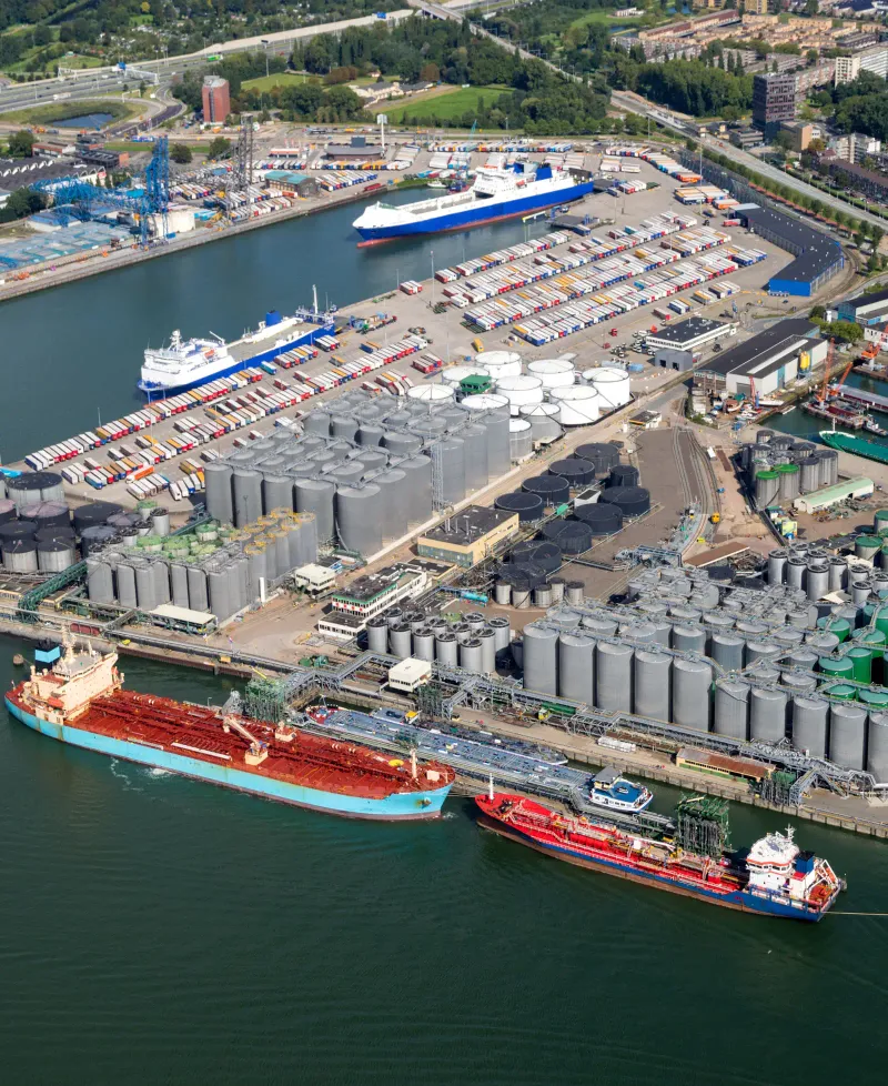 An aerial view of a container port and terminals