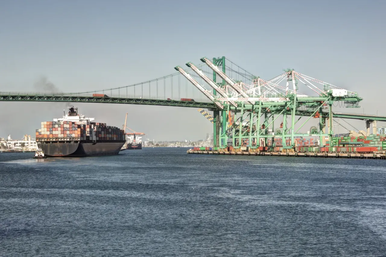 Green ship-to-shore cranes at a container terminal, a loaded container ship on the water and a suspension bridge behind, illustrating port and terminal cleaning in Los Angeles County