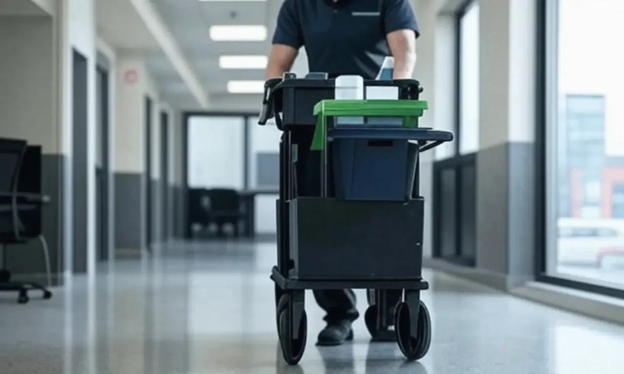 A day porter pushing a cleaning cart down an office corridor