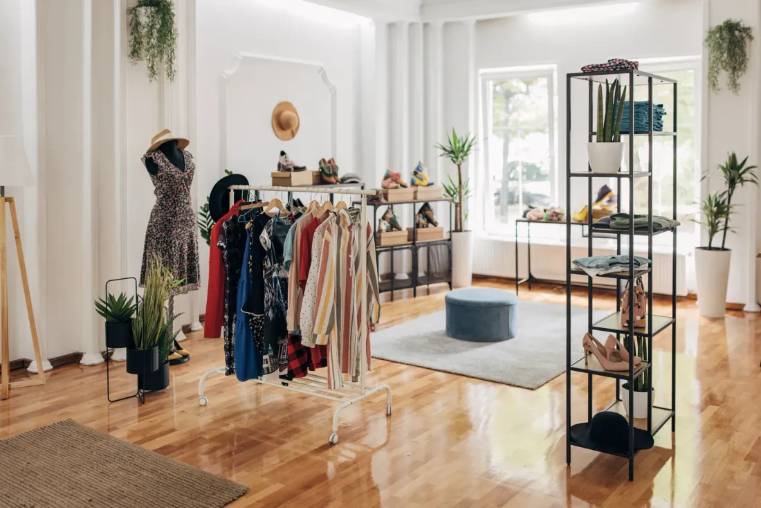 A boutique with clothing racks, shoe shelves, potted plants and a round ottoman on a polished wood floor, a setting for commercial cleaning services in Orange, CA