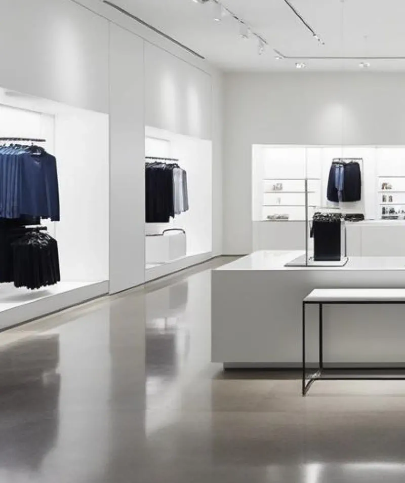 A tidy clothing store floor with shelves and a display table