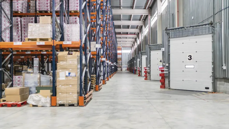 A modern logistics warehouse with pallet racking, loading dock doors and a clean concrete floor